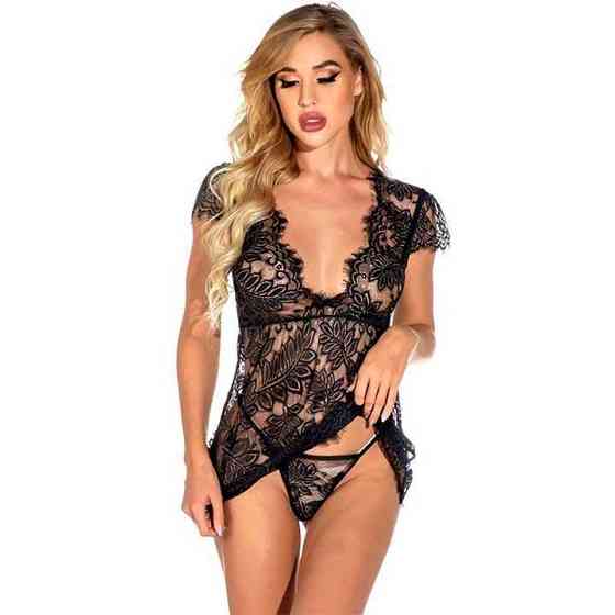 Коротенький сексі пеньюар із квітковим мереживом чорний — S/M — Еротична білизна Вінниця