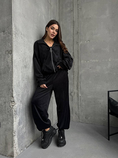 Жіночий прогулянковий костюм-двійка: кофта та штани з турецького велюру Чорний, 46/48 Одеса - фото 1