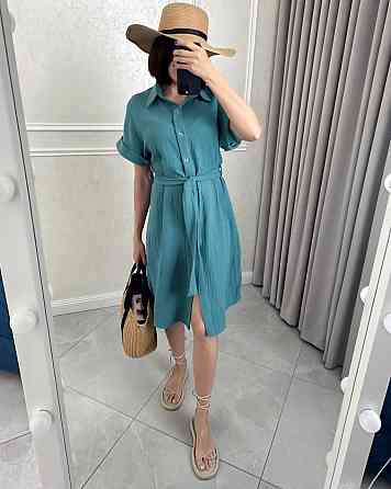 Жіноче легке базове плаття халат із поясом на ґудзиках турецька натуральна бавовна — муслін Оливка, 52/54 Одеса