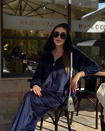 Женский стильный повседневный костюм тройка (кофта+штаны+топ) велюр спорт Темно-синий, 46/48 Одесса