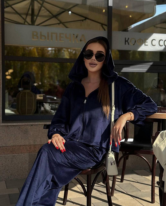 Женский стильный повседневный костюм тройка (кофта+штаны+топ) велюр спорт Темно-синий, 46/48 Одесса - изображение 3