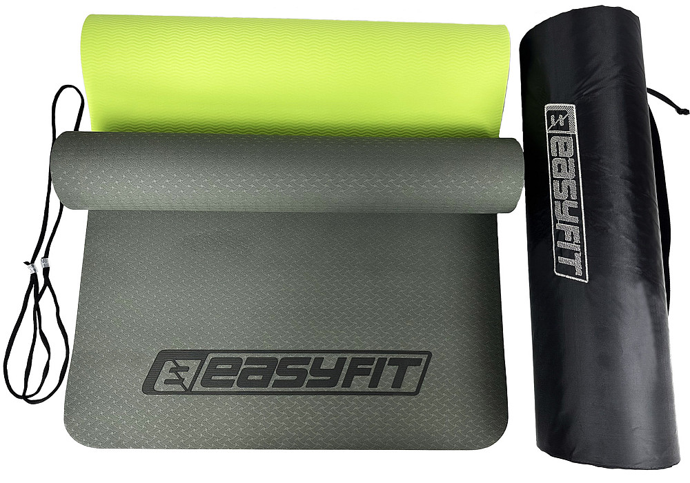 Килимок для йоги та фітнеса EasyFit TPE+TC 6мм двошаровий + Чохол чорний з зеленим Коломыя - изображение 7