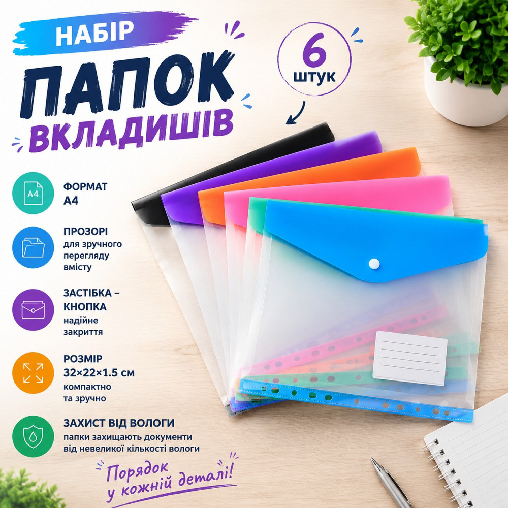 Набор цветных папок-файлов с кнопкой для документов 6 шт формат А4 папка-конверт,для фолдера папки-органайзеры прозрачные,цветные Каменец-Подольский - изображение 1