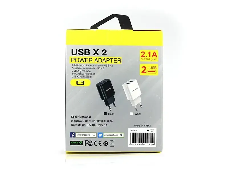 Мережевий адаптер AWEI C3 2 USB 2.1А, швидка та безпечна зарядка смартфонів, планшетів, гаджетів Одеса - фото 10
