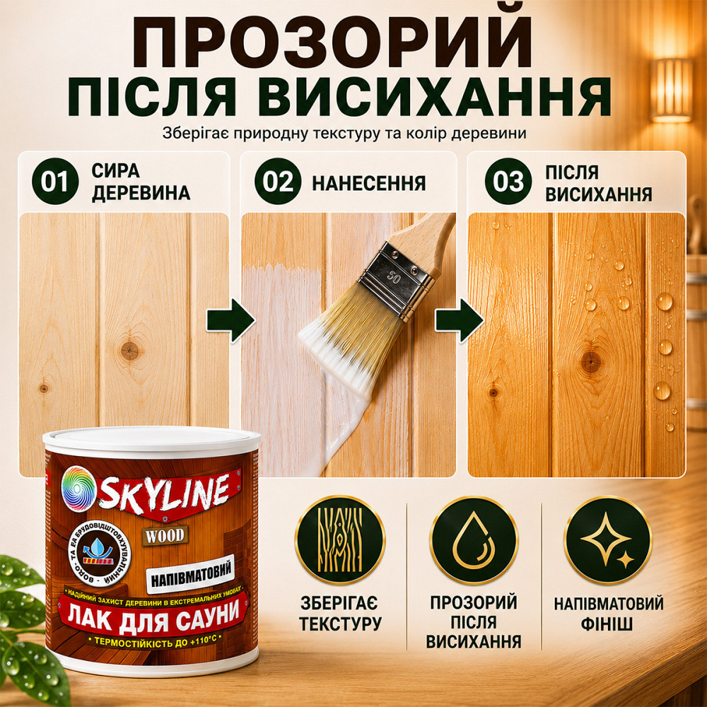 Лак для сауны SkyLine WOOD 0.75 л — акриловый полуматовый лак для дерева, прозрачный, без запаха, термостойкий до +110°C Харьков - изображение 2