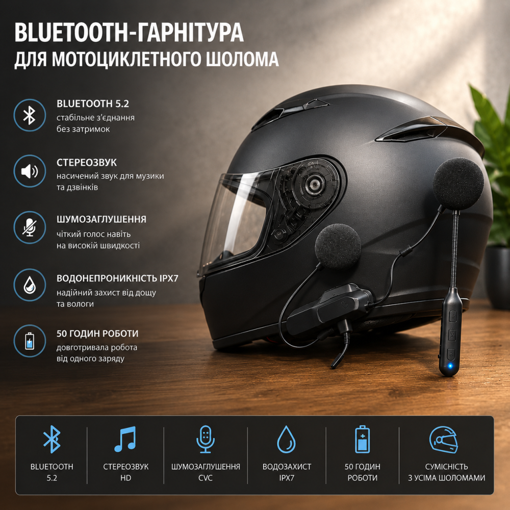 Bluetooth-гарнитура для мотоциклетного шлема, Bluetooth 5.2, водонепроницаемая IPX7, стереозвук, шумоподавление, 50 часов работы Киев - изображение 11