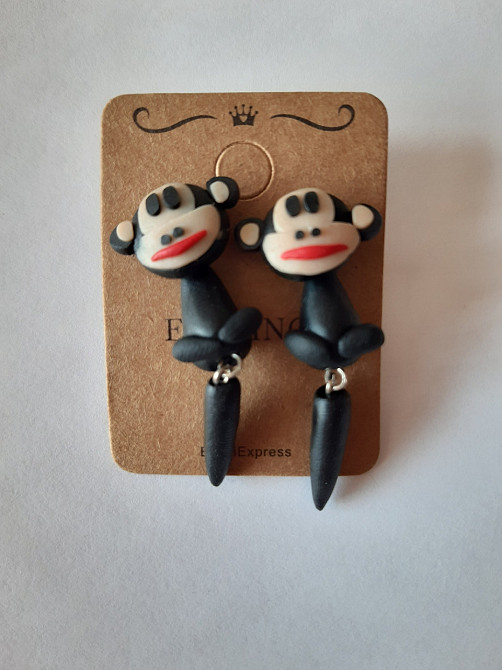 Сережки дитячі "Мавпочки" - довжина 4,5 см, полімерна глина Київ - фото 1