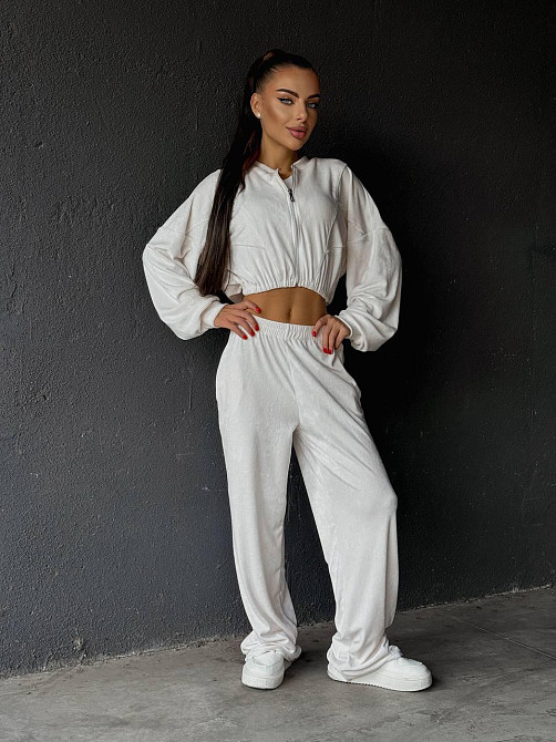 Женский прогулочный костюм двойка: кофта и штаны велюр мрамор Молочно-серый, 44/46 Одесса - изображение 6