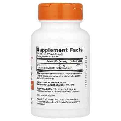 Витаминно-минеральный комплекс Doctor's Best Цинк бисглицинат, 50 мг, Zinc Bisglycinate, 90 вегетарианских кап (DRB-00573) Винница