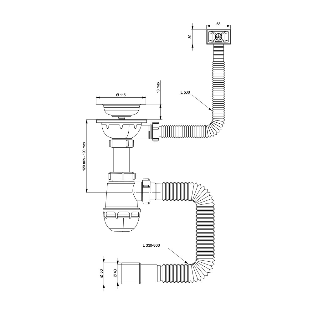TAU Сифон для кухонной мойки с нержавеющим выпуском 3½" квадратным переливом и гибким отводом Ø Киев - изображение 4
