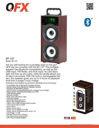 Уценка! Портативная мультимедийная Bluetooth-колонка Qfx BT-137 с FM-приемником, USB, TF Card, AUX Днепр