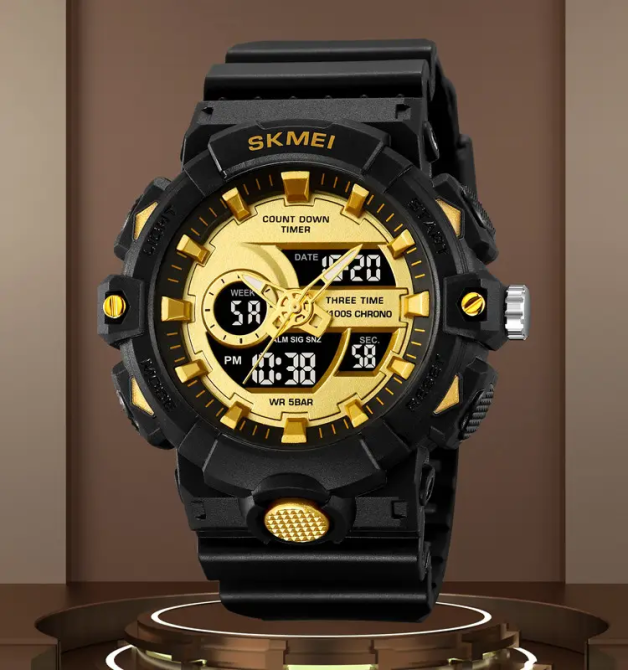 Часы мужские наручные спортивные Skmei 2225 с комбинированным циферблатом (Черный с золотым) Винница - изображение 7