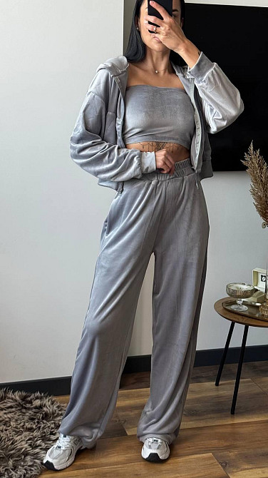 Женский плюшевый прогулочный костюм тройка: кофта топ и штаны велюр Серый, 42/44 Одесса - изображение 1