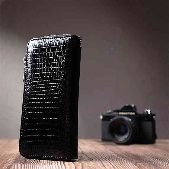 Лакований жіночий гаманець на блискавці із натуральної шкіри ST Leather 22678 Чорний Київ