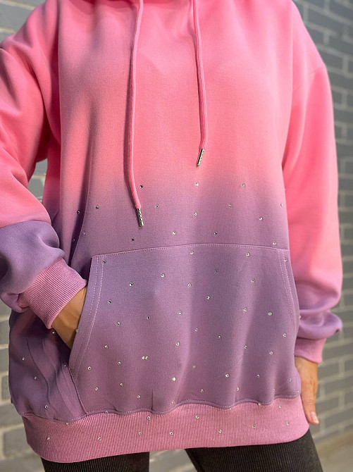Худі жіноче Joy One 3009 з капюшоном подовжене оверсайз градієнт кольору розсип камінців one size рожевий, рожевий, one size Київ - фото 19