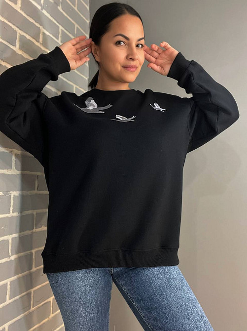 Світшот жіночий Pepper&mint 24-18 вишивка птахи оверсайз утепленний чорний, чорний, M Київ - фото 2