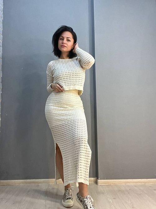 Костюм жіночий MINTAS 4204-2414 прозорий сітка ажурна в'язка реглан зі спідницею розрізи по боках one size, молочний, one size Київ - фото 6