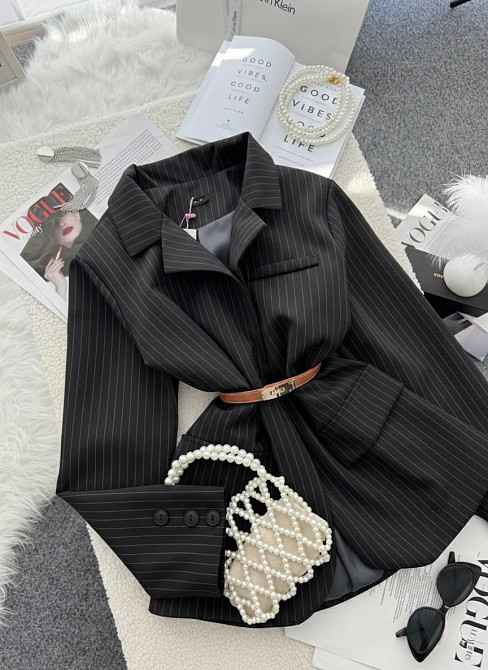 Женский классический пиджак свободного кроя в полоску костюмка Черный, 42/44 Одесса - изображение 9