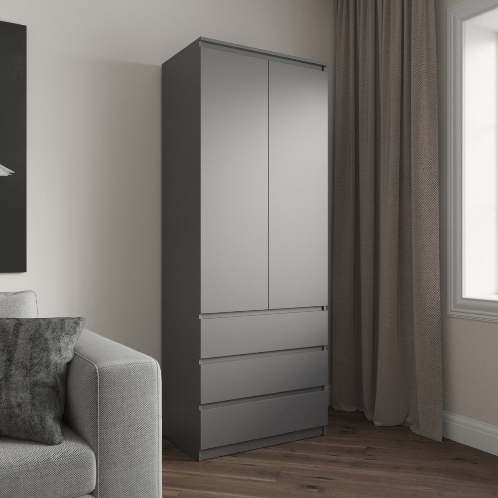 Шафа для одягу VAYS R-16 Антрацит, 3 шухляди, полиці, без ручок, ЛДСП, 80×50×211 см – для спальні, вітальні, передпокою Львів - фото 1