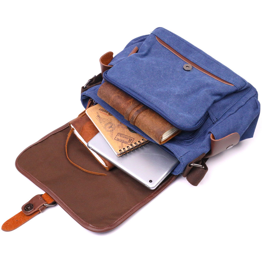 Цікава горизонтальна чоловіча сумка з текстилю Синя (Vintage) Київ - фото 2