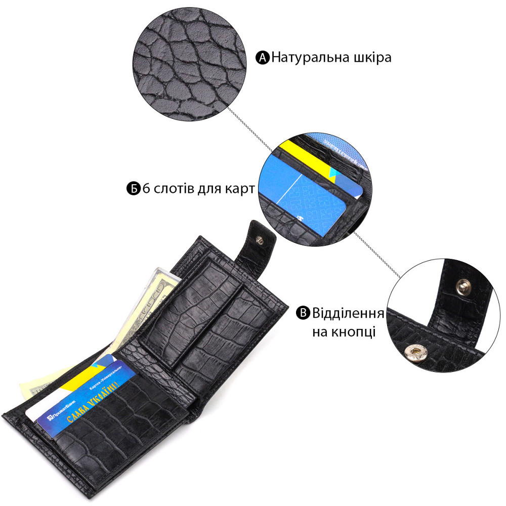 Мужской оригинальный бумажник горизонтального формата из натуральной кожи с тиснением под крокодила CANPELLINI 21768 Черный Киев - изображение 7