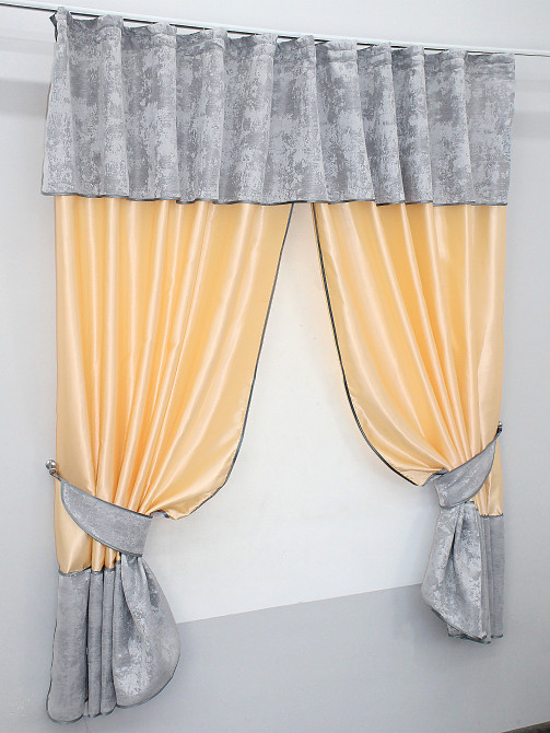 Кухонные шторы VR-Textil № 073к с ламбрекеном и подхватами персиковый с серым 270х170 см (52-0203) Киев - изображение 2