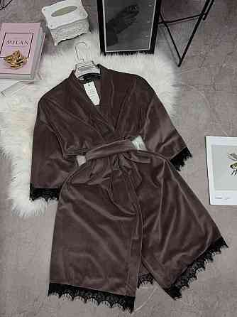 Женский домашний халат на запах велюр с кружевом Мокко, Oversize 42/46 Одесса