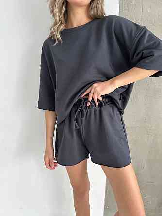 Жіночий повсякденний прогулянковий костюм-двійка: футболка та шорти турецька петля пеньє 100% бавовна Графітова, 42/44 Одеса