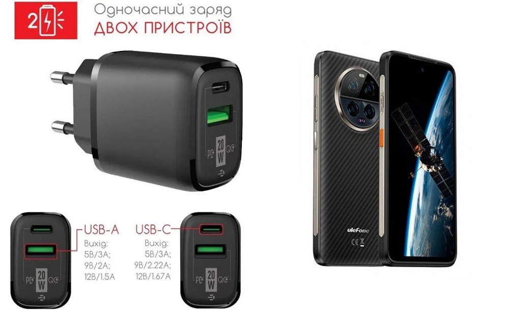 Сетевое зарядное устройство для Ulefone Armor 23, Armor 23 Ultra, 20W 3A, Quick Charge 3.0 Киев - изображение 1