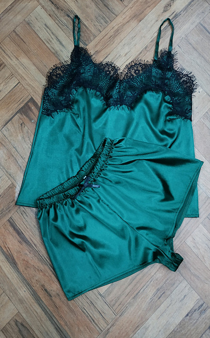 Комплект халат и пижама женская с кружевом майка+шорты Зеленый 2XL Харьков - изображение 2