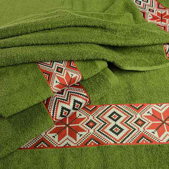 Банное махровое полотенце с вышивкой GM Textile 50х90см Ukrainian style 450г/м2 (Зеленый) Сумы