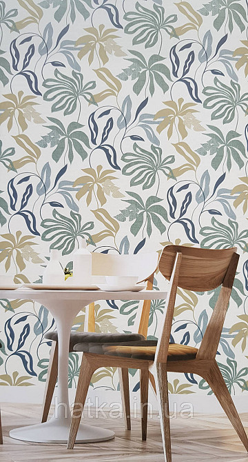 Шпалери вінілові на флізеліні Grandeco Universe метрове листя монстери сині зелені жовті на молочному Київ - фото 1