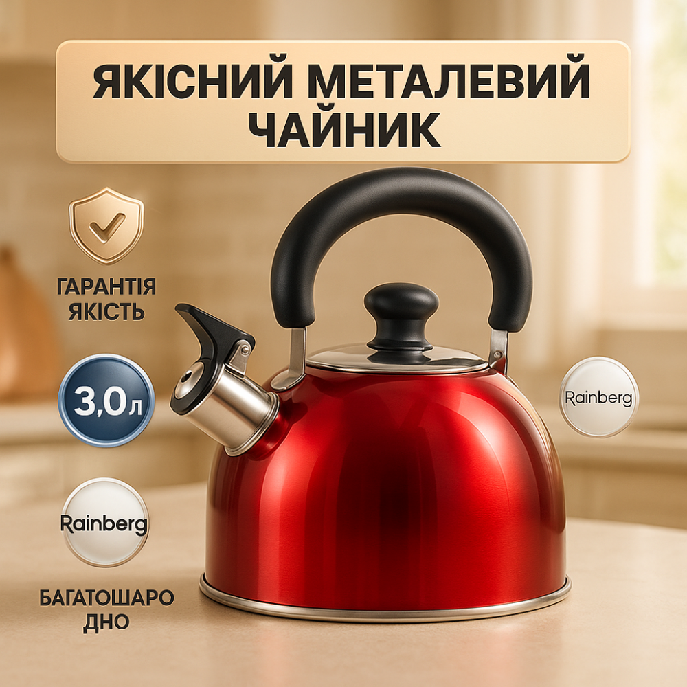 Чайник для газовой плиты 3 литра Rainberg RB-625 3 л, Чайник на плиту со свистком нержавейка DK-98 Львов - изображение 11