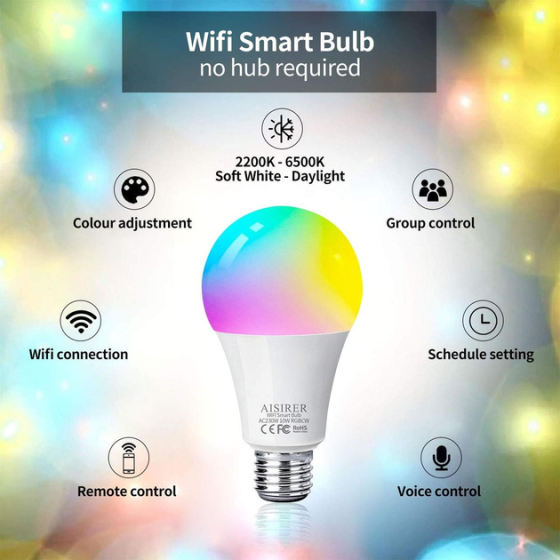 Розумна RGB лампочка AISIRER WiFi 10Вт, Е27, 2 шт Луцк