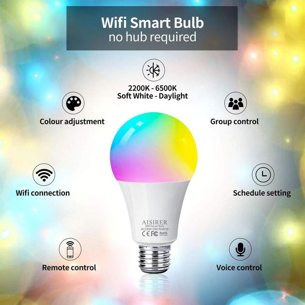 Розумна RGB лампочка AISIRER WiFi 10Вт, Е27, 2 шт Луцк - изображение 4