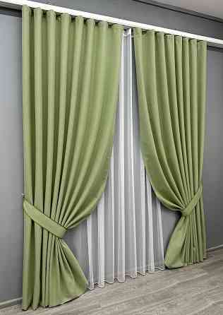 Комплект штор VR-Textil 100% блэкаут ASHEN NIGHT 150х270 2шт и Тюль 500х270 1841ш-1153т оливковый с белым 71-081/4 Киев