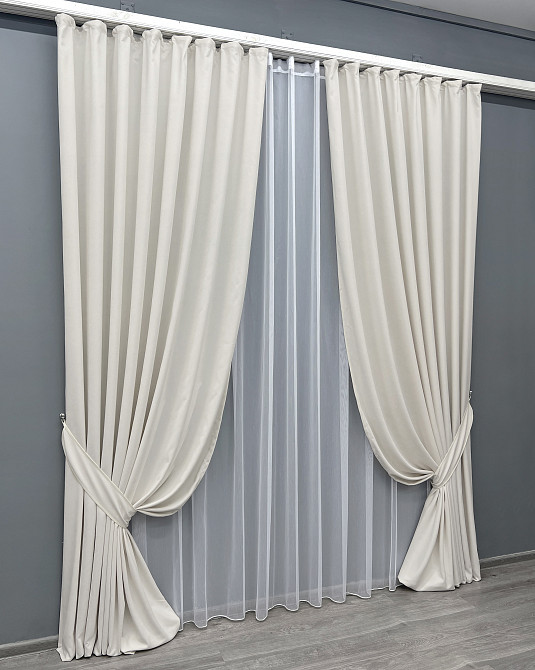 Комплект штор VR-Textil Мікровелюр Petek 150х270 2шт і Тюль 400х270 2020ш-1153т Молочний з білим 71-157/3 Київ - фото 2