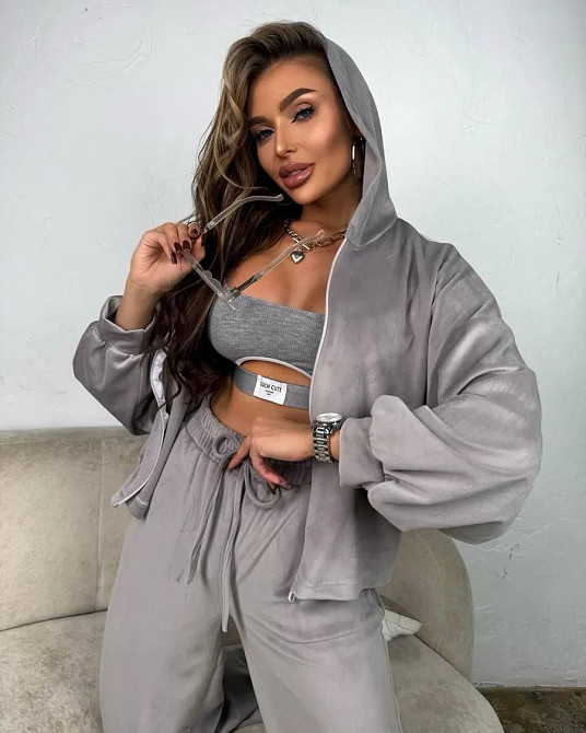 Женский повседневный стильный костюм велюр плюш Серый, 46/48 Одесса - изображение 1