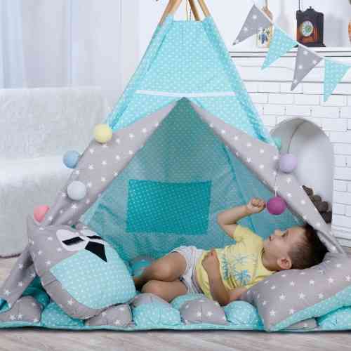 Вігвам Хатка комплект бонбон Зірки М'ятний із сірим із подушками — Великий 150*150 см Київ