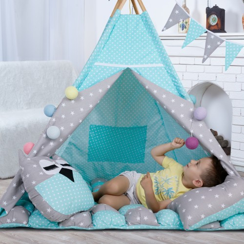 Вигвам Хатка комплект бонбон Звезды Мятный с серым с подушками - Большой 150*150 см Киев - изображение 2