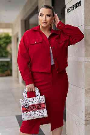 Женский стильный костюм двойка: жакет и юбка микровельвет Красный, 52 Одесса