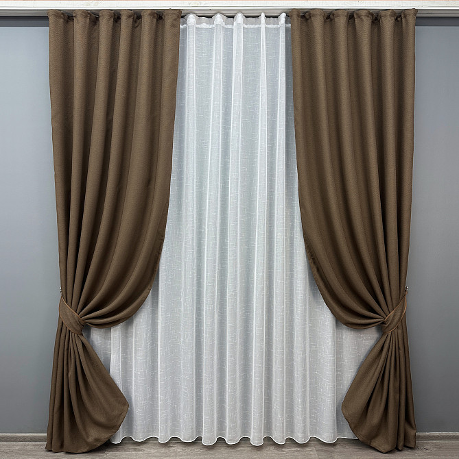 Комплект штор VR-Textil Лен Мешковина 100х270 2шт и Тюль 400х270 277ш-115т Коричневый с белым 71-015/2 Киев - изображение 1
