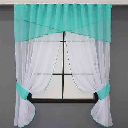 Кухонные шторы VR-Textil № 091к с ламбрекеном и подвязками бирюзовый с белым 270х170 см (52-0777) Киев