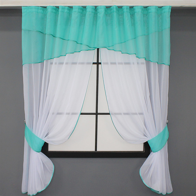 Кухонные шторы VR-Textil № 091к с ламбрекеном и подвязками бирюзовый с белым 270х170 см (52-0777) Киев - изображение 1
