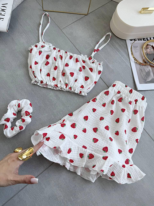 Женская нежная принтованная пижама: топ и шорты + резинка для волос натуральный муслин Одесса - изображение 1