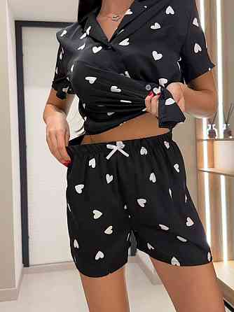 Женская стильная базовая домашняя шелковая пижама рубашка+шорты Черный, 46/48 Одесса