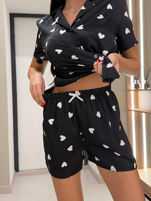 Жіноча стильна базова домашня шовкова піжама сорочка + шорти Чорний, 46/48 Одеса - фото 1