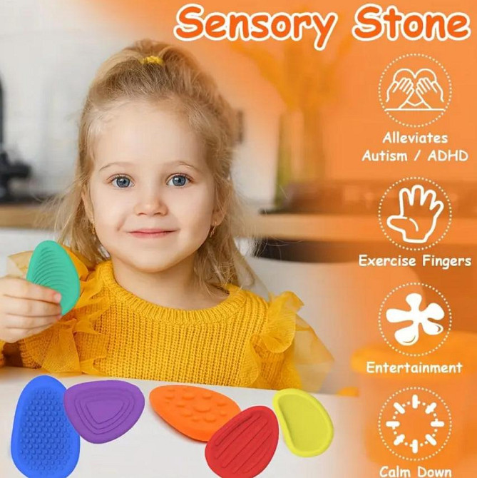 Набор сенсорных антистресс-камней для детей (6 шт) Силиконовые камни для развития моторики и успокое Киев - изображение 2