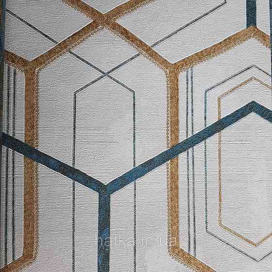 Шпалери метрові вінілові на флізелін 24 Carati Cristiana Masi геометрія смуги золотом бірюзові на бежевому 3д Київ