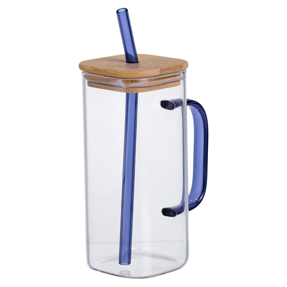 Скляна чашка 400 мл з бамбуковою кришкою і синьою трубочкою HP-19-146BL SBR Київ - фото 2
